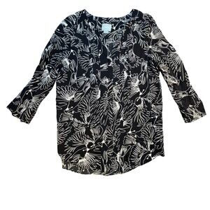 Maeve Anthropologie Black White Bird Print V Neck Long Sleeve‎ Tunic Top Size 14